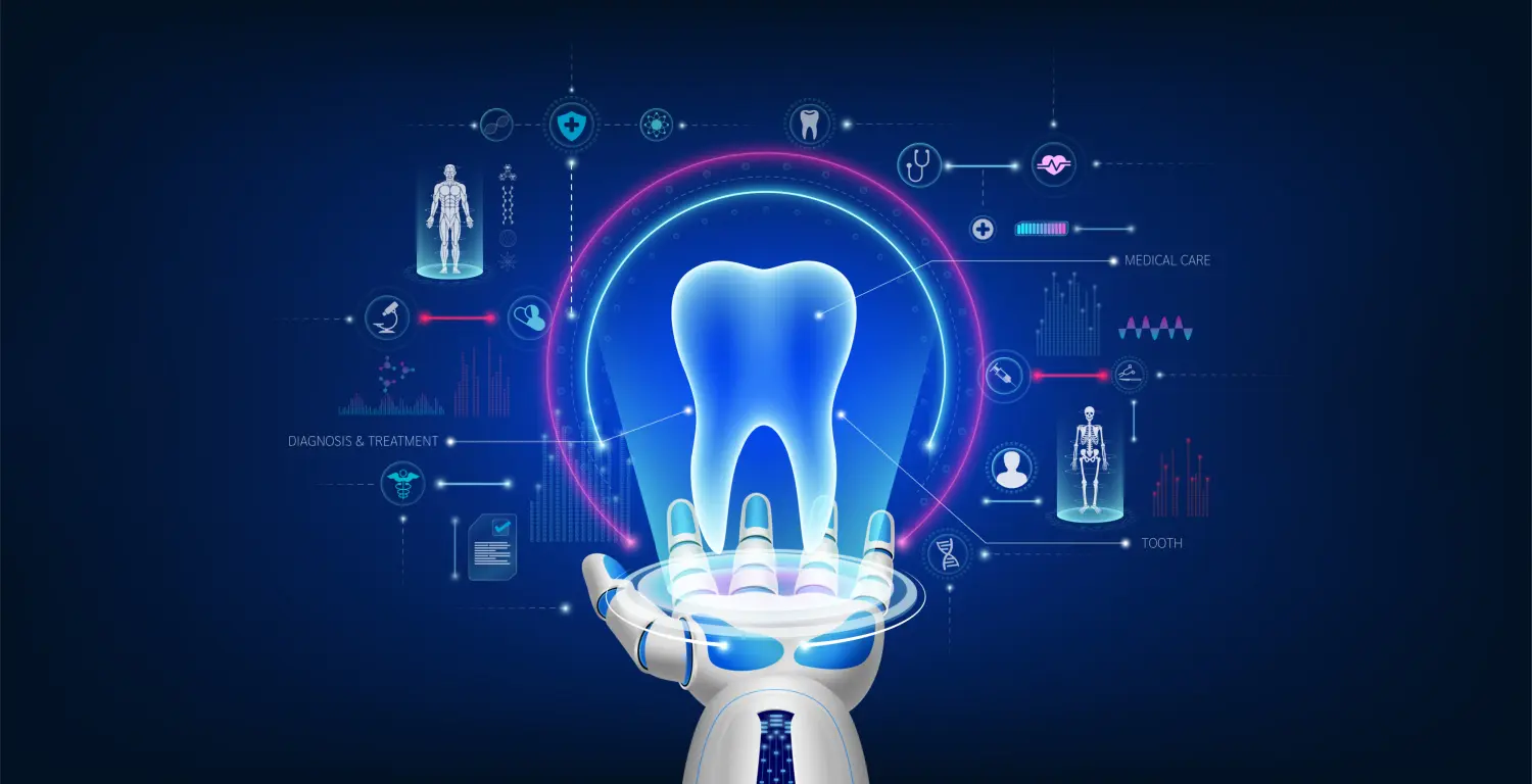 Futuristische medizinische kybernetische Robotik-Technologie. Das virtuelle Hologramm eines menschlichen Zahns schwebt mit einem medizinischen Symbol von der Roboterhand weg. Innovative Roboter mit künstlicher Intelligenz unterstützen die Gesundheitsversorgung